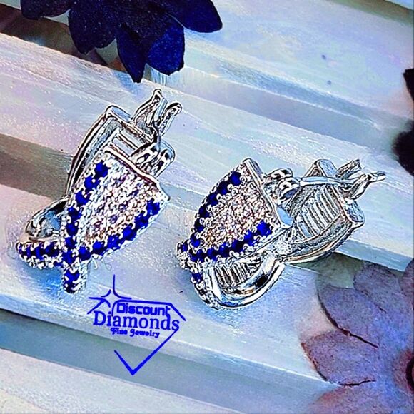 2 Ct. Blue Sapphire & White Baguette Diamond Earrings on 925 - Picture 3 of 9